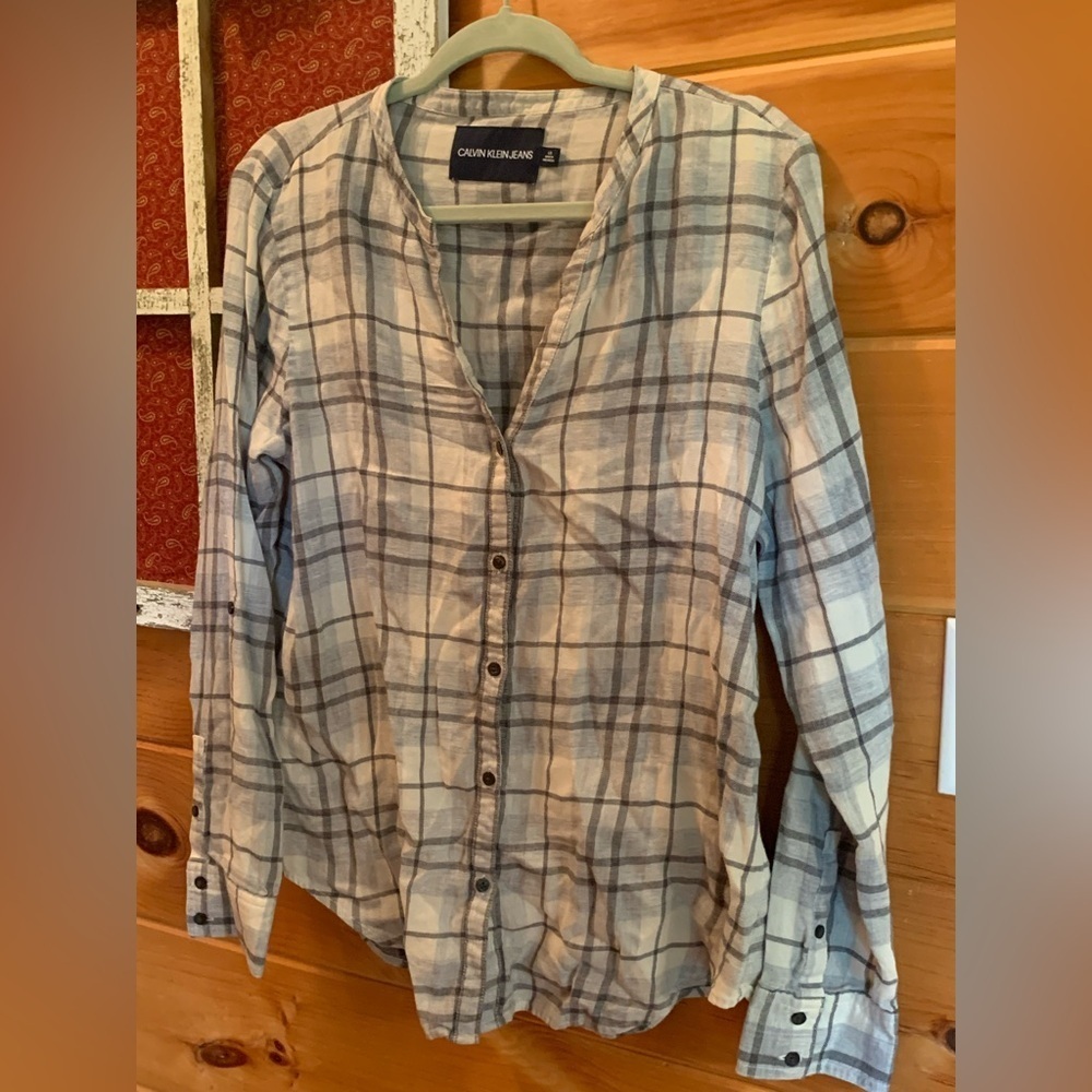 CALVIN KLEIN JEANS Plaid Cotton V Neck Button Up Shirt Top Size large